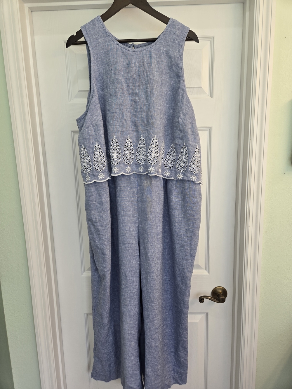 Lands' End Chambray Linen Jumpsuit White Eyelet Coastal Resort Old Money 22W